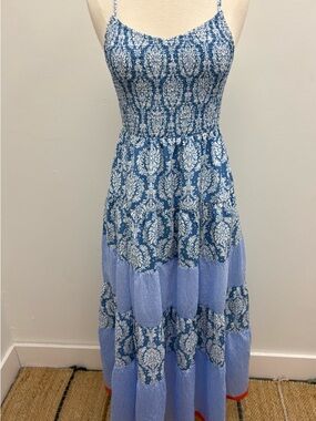 THML Blue and White Patchwork Smocked Maxi Dress